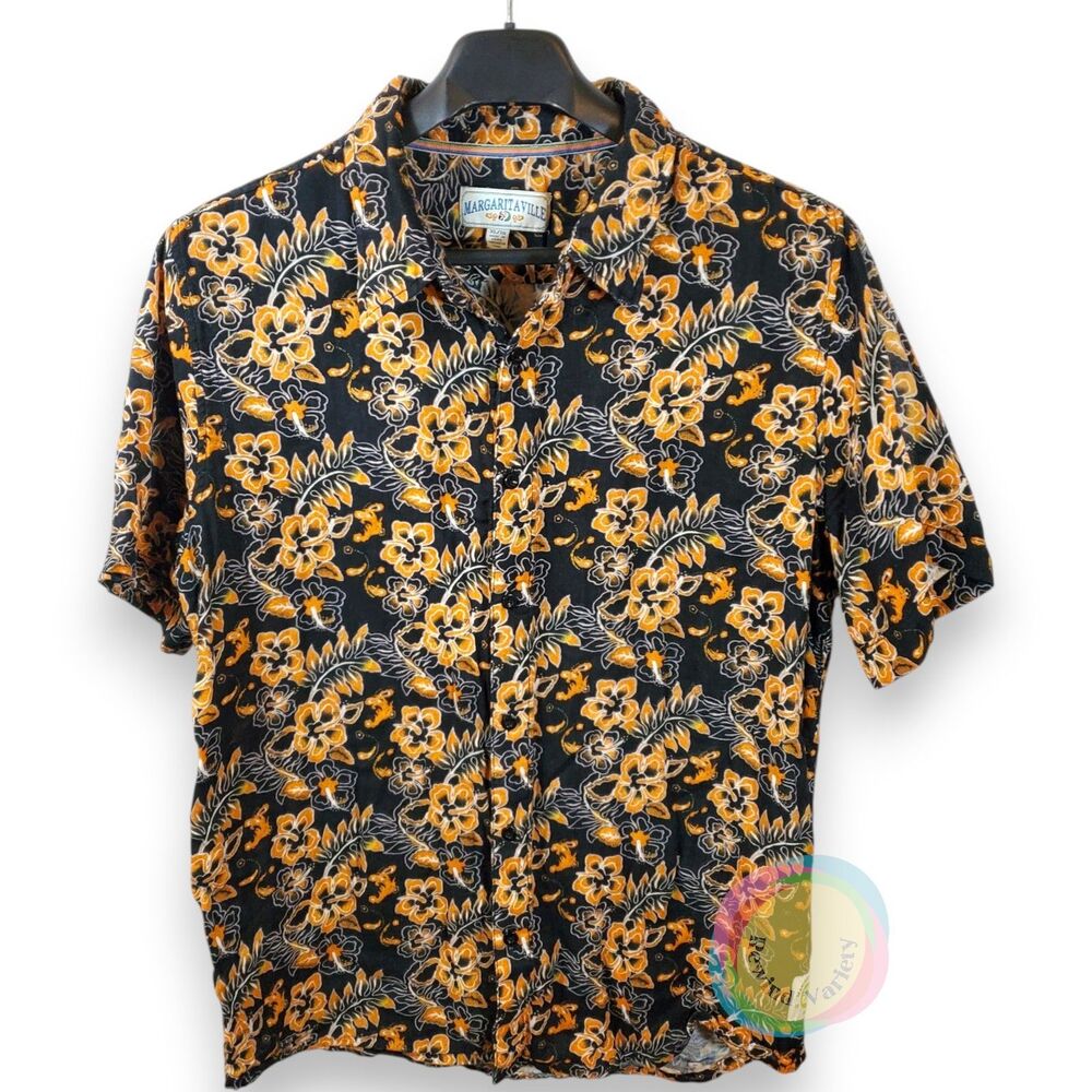 Margaritaville XL Black Gold Floral Cotton Shirt